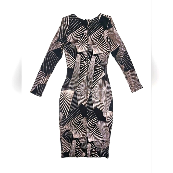 Betsey Adam Black & Gold Sparkly Geometric Glitter Longsleeve Midi Bodycon Dress - Picture 8 of 15